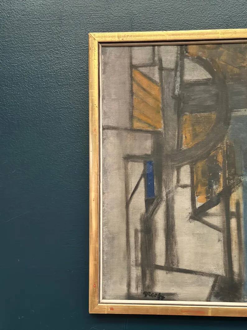 Original Danish Oil on Canvas – “Gul Figurkomposition” by P. Primdahl – Signed – Dated 1958 – Vintage & Framed – 43 × 27 cm (16.9" × 10.6")