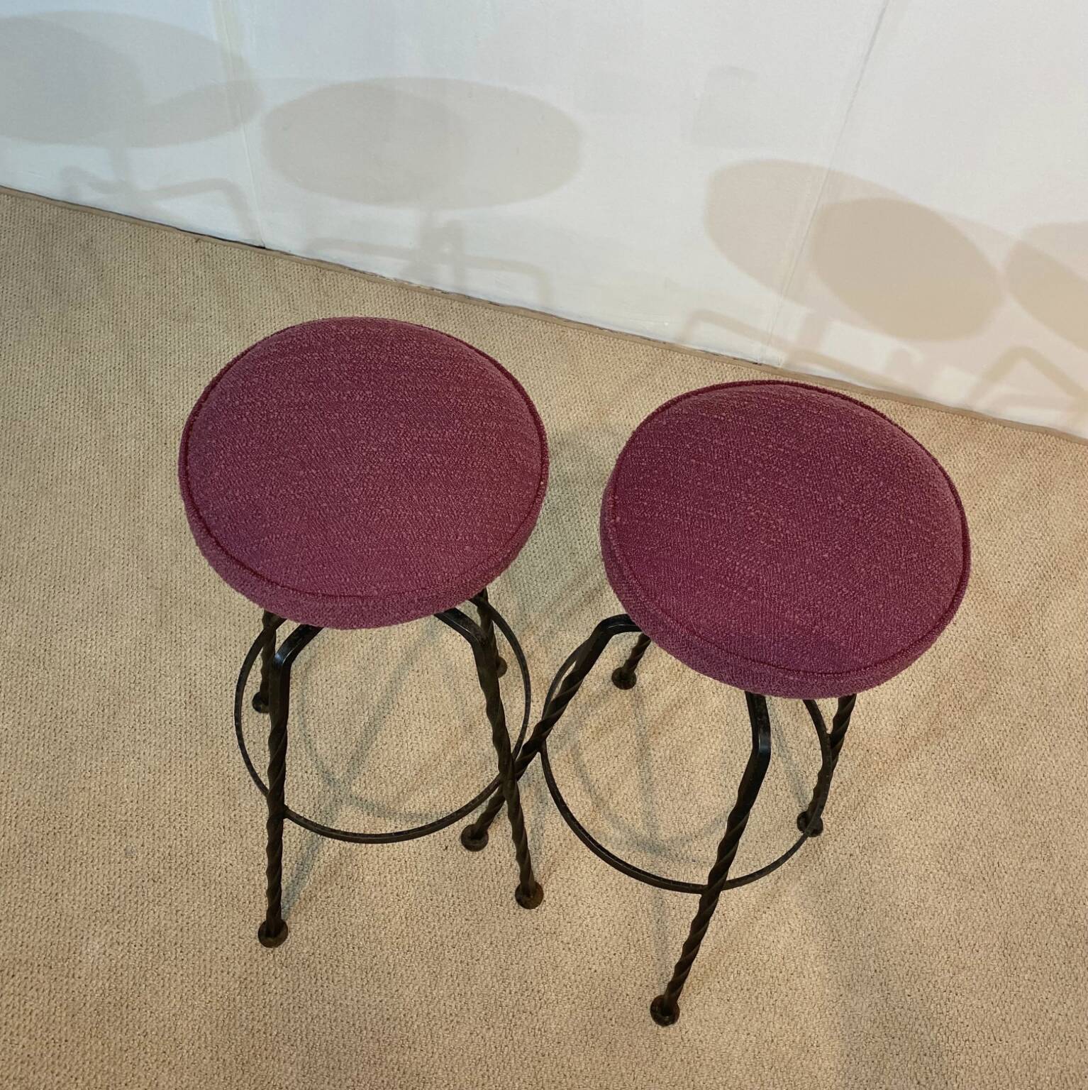 Pair Maroon Boucle Iron Swivel Bar Stools Midcentury Italian Vintage 1950s