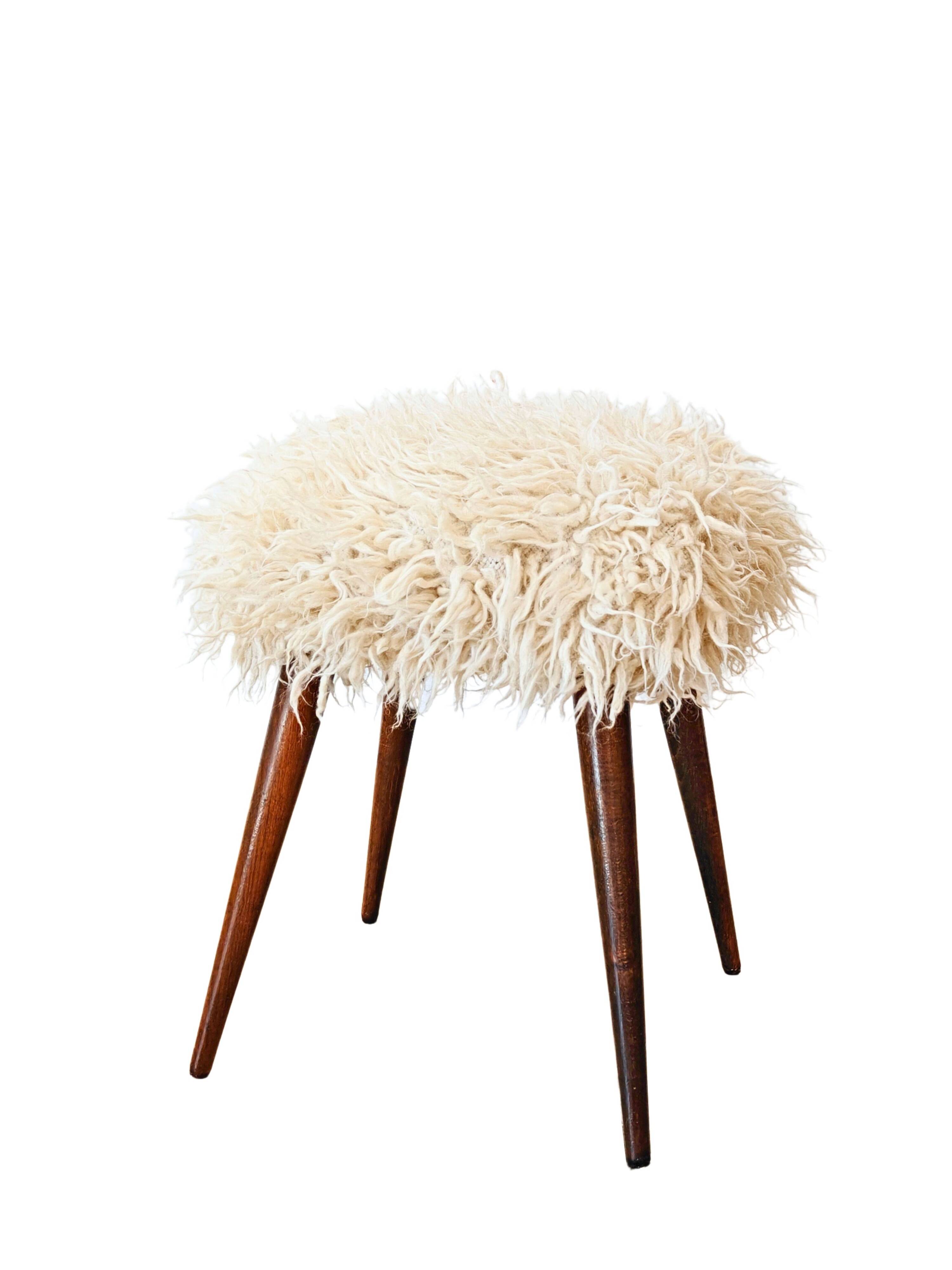 Mid-Century stool with splayed legs in genuine wool
