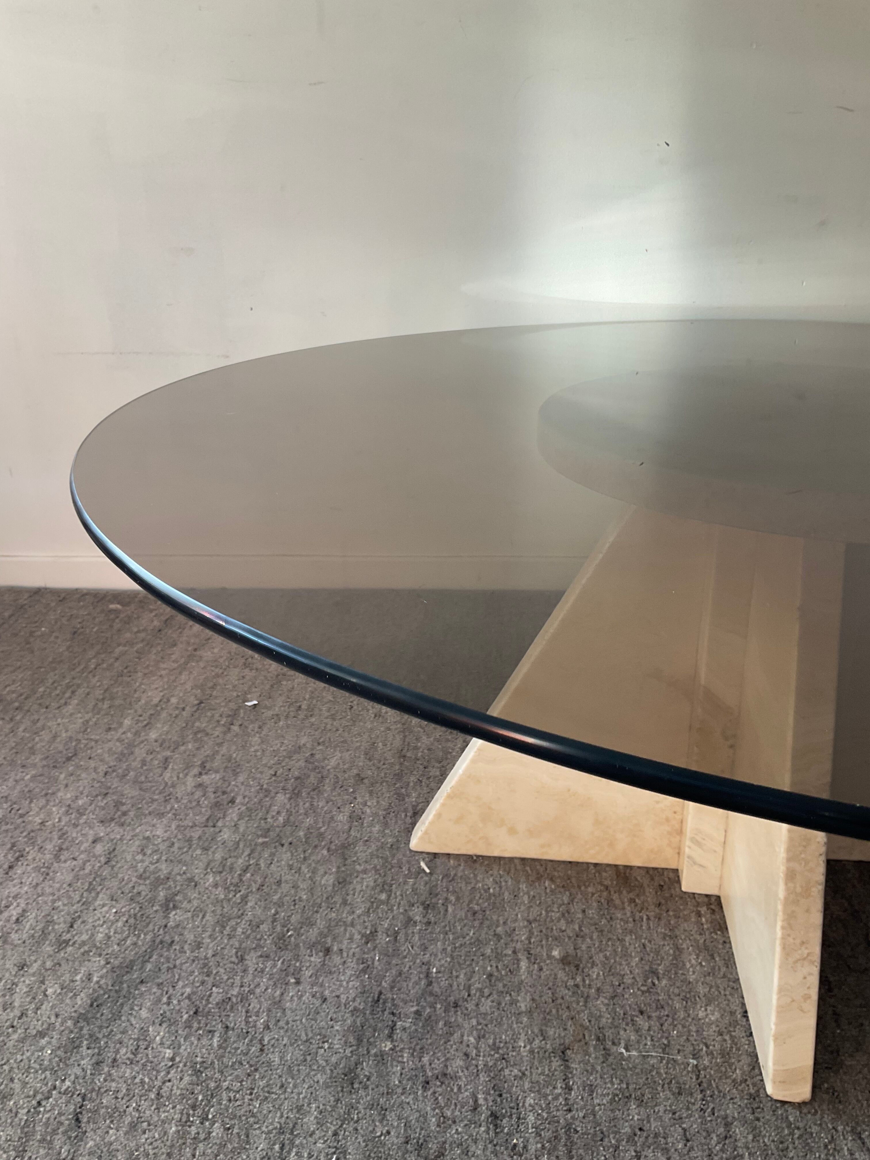Vintage coffee table in travertine and smoked glass 70s