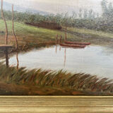 Tableau huile bord de rivière signé EM