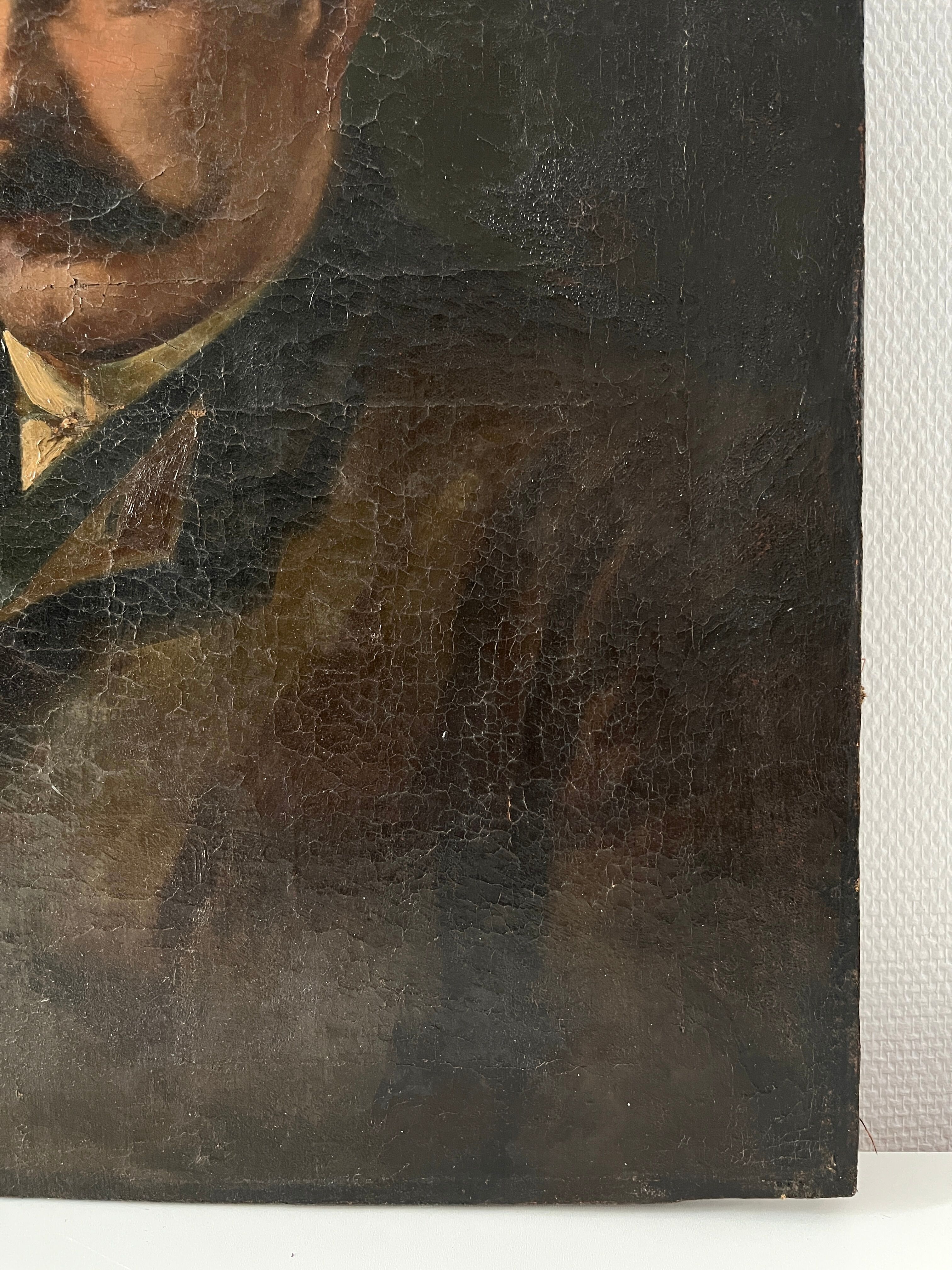 Portrait of a man in oil on canvas from the 19th century, an old painting dated 1885.