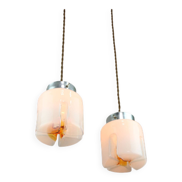 Lampes à Suspension Mid-Century en Chrome et Verre, Italie, Set de 2