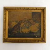 Old painting Cat & flowers