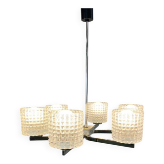 Six-light chandelier by Kaiser Leuchten, chrome, glass, vintage of the 60s