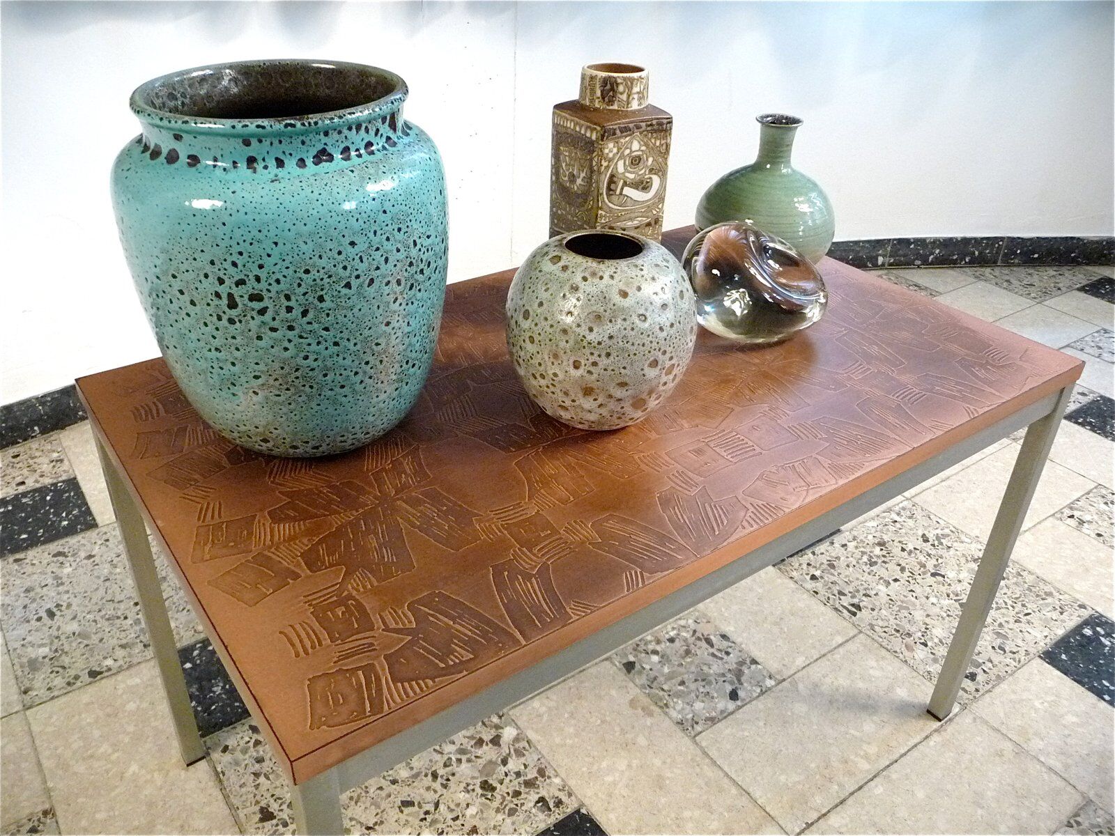 Copper side table with abstract relief from Opal Möbel, West-Germany 1960s