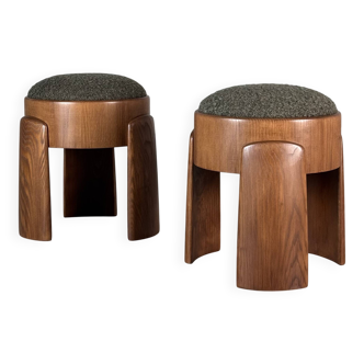 Sculptural pair of ash wood stools with dedar milano bouclé
