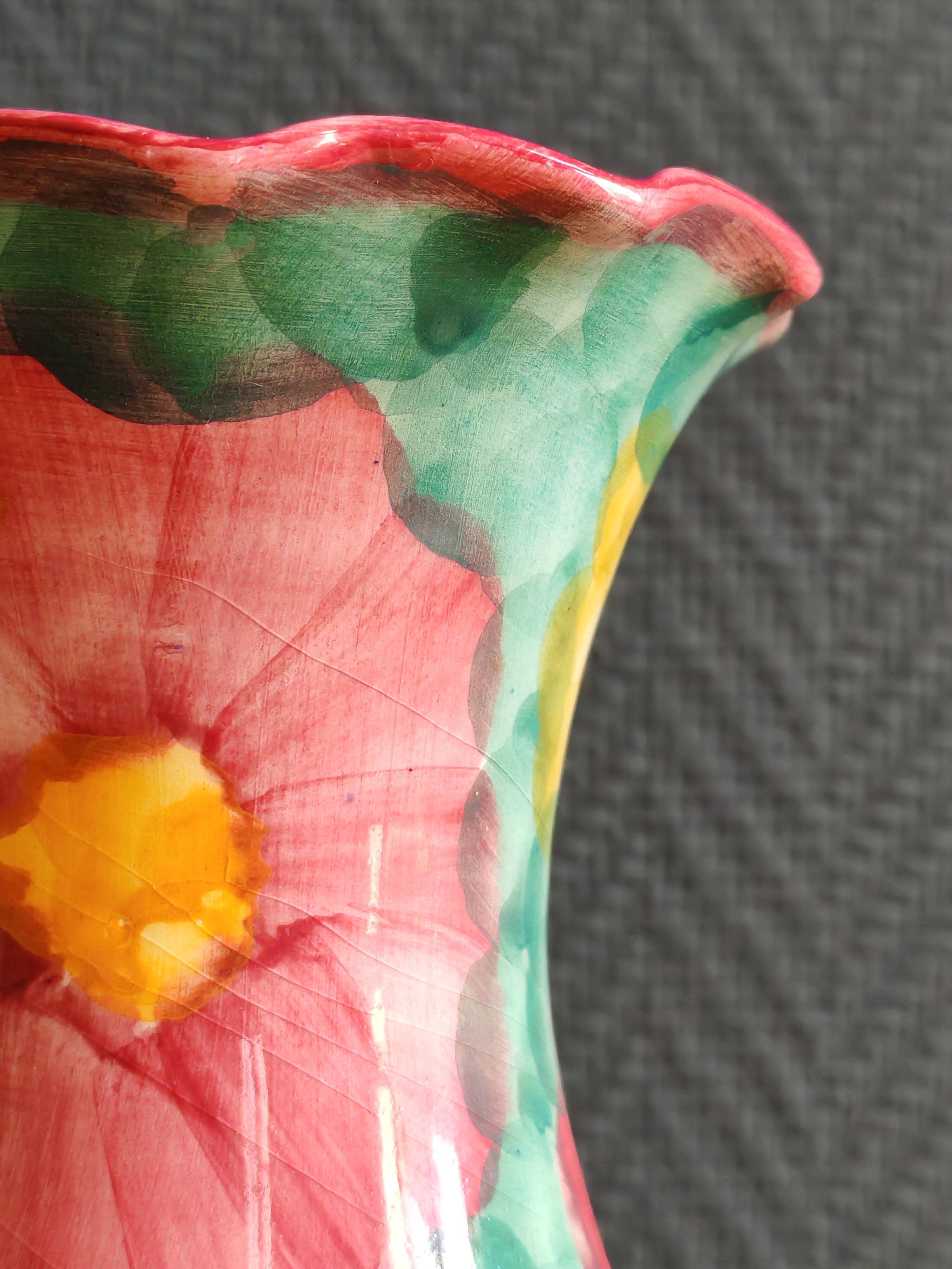 Vintage Floral Ceramic Vase - Large Barbotine Vase with Pink Flowers