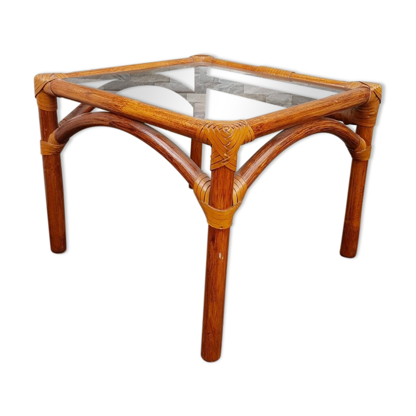 Vintage smoked glass wicker tray coffee table