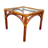 Table basse en osier plateau en verre fumé vintage