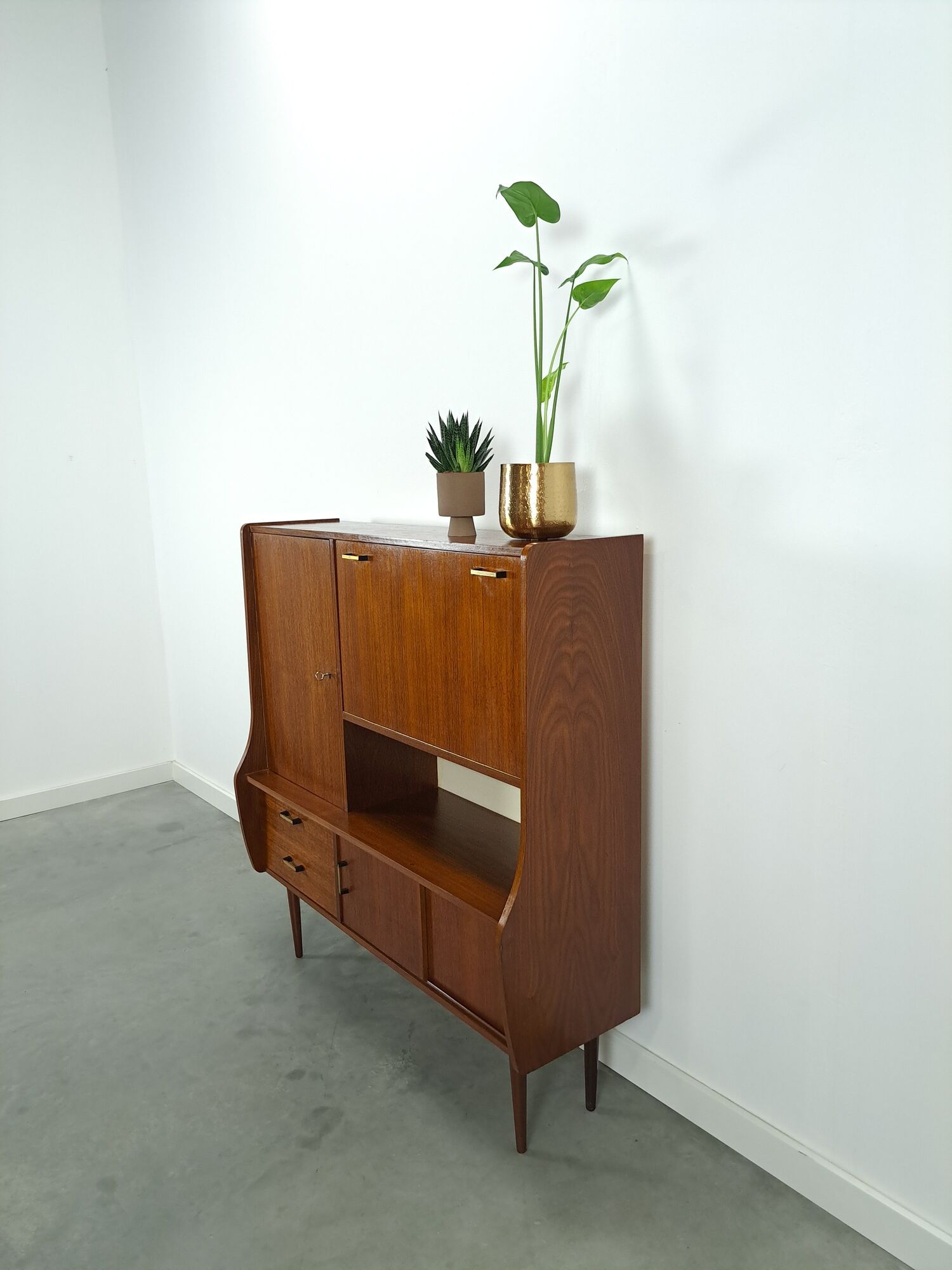 Teak veneer wall cabinet with flap, bar cabinet vintage