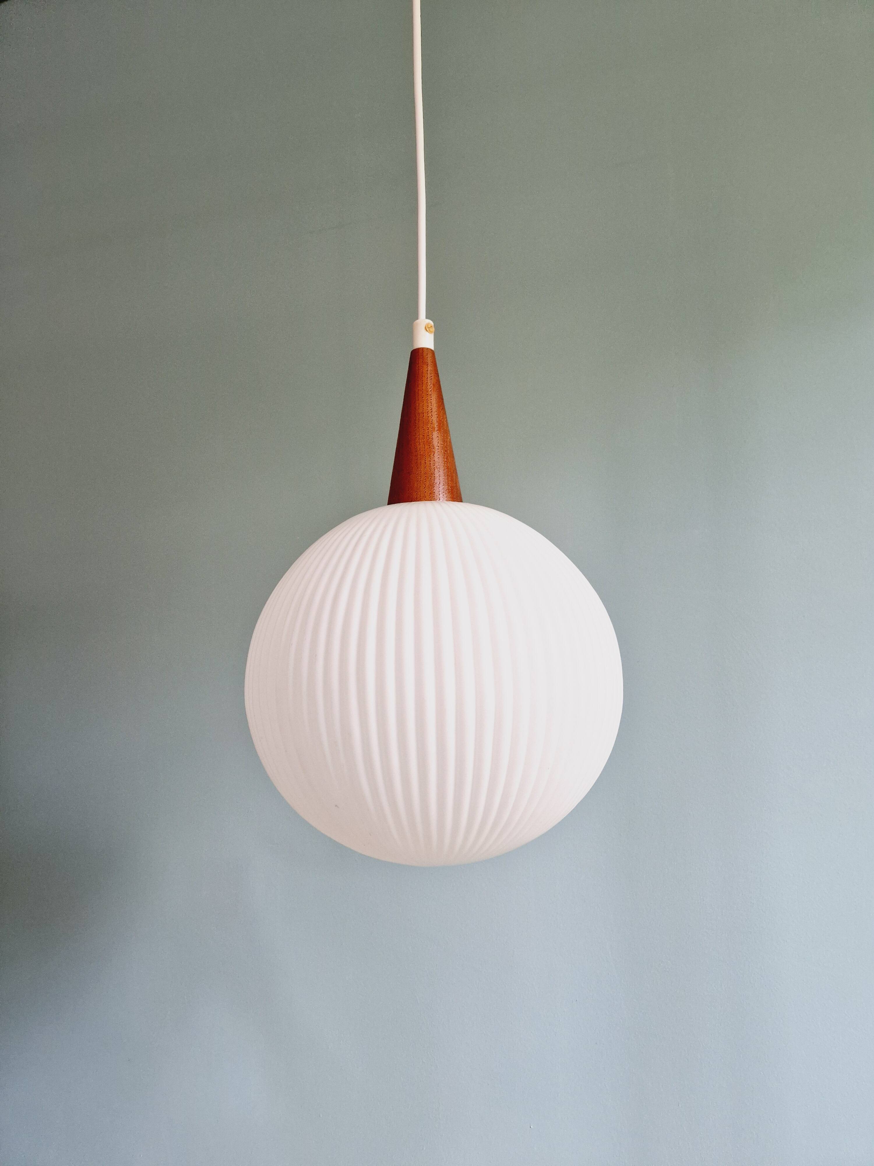 Scandinavian teak and white satin glass pendant light, 1960s