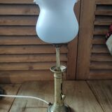 Lampe bougeoir laiton tulipe verre dépoli bleuté