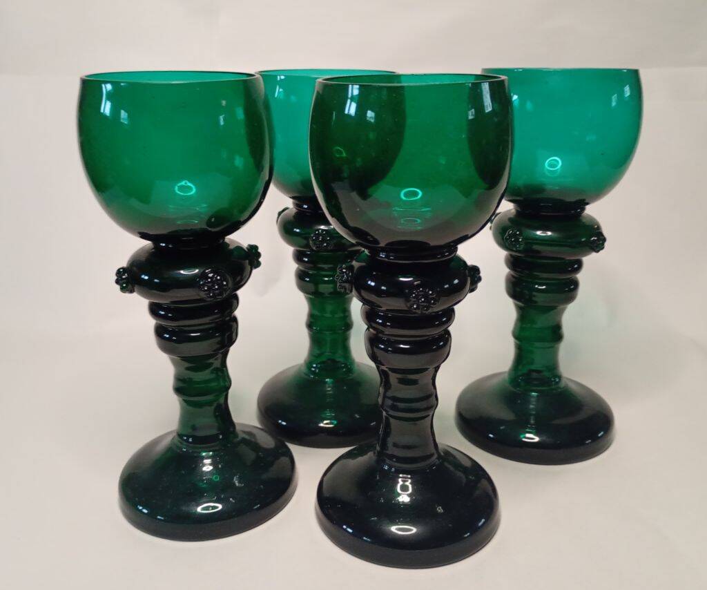 Antique Green Glass Tall Roemer Set of 4