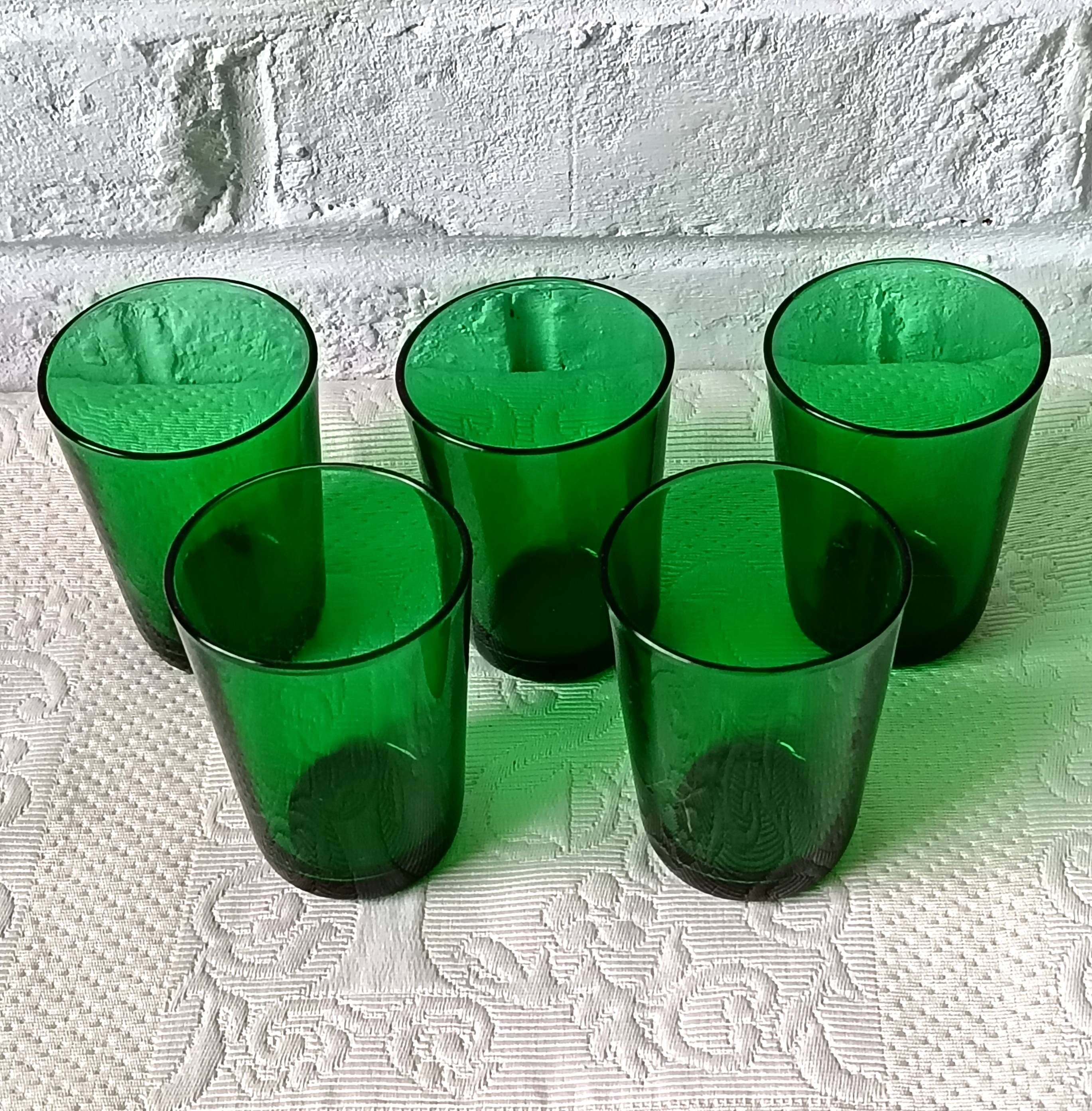 5 glasses 15 cl Retro emerald green tempered glass France