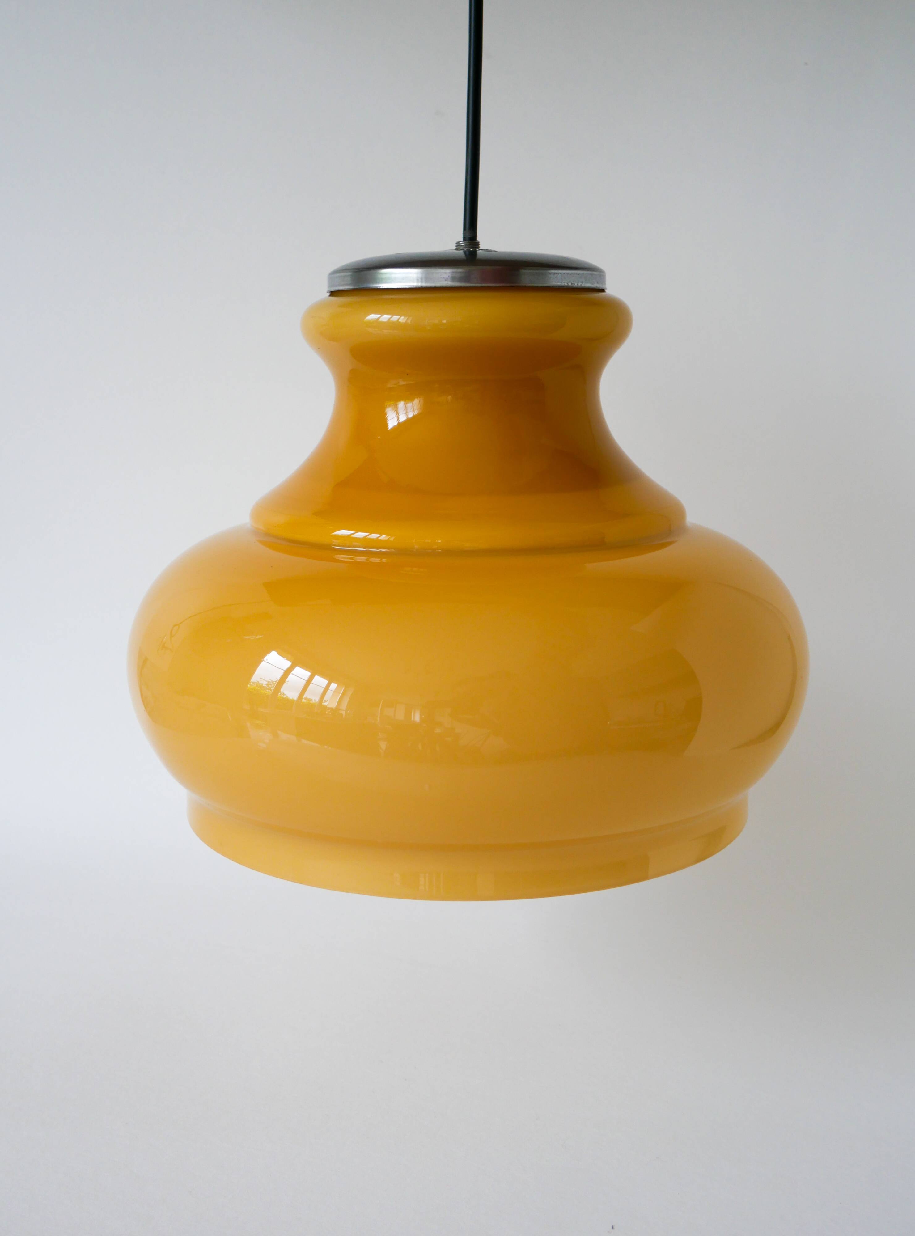 Yellow opaline pendant light with metal arc, Design, 1970