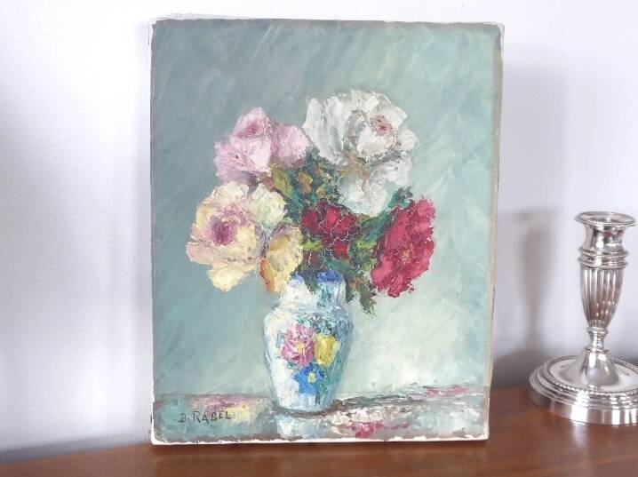 Painting oil on canvas bouquet of flowers signed b. rabel