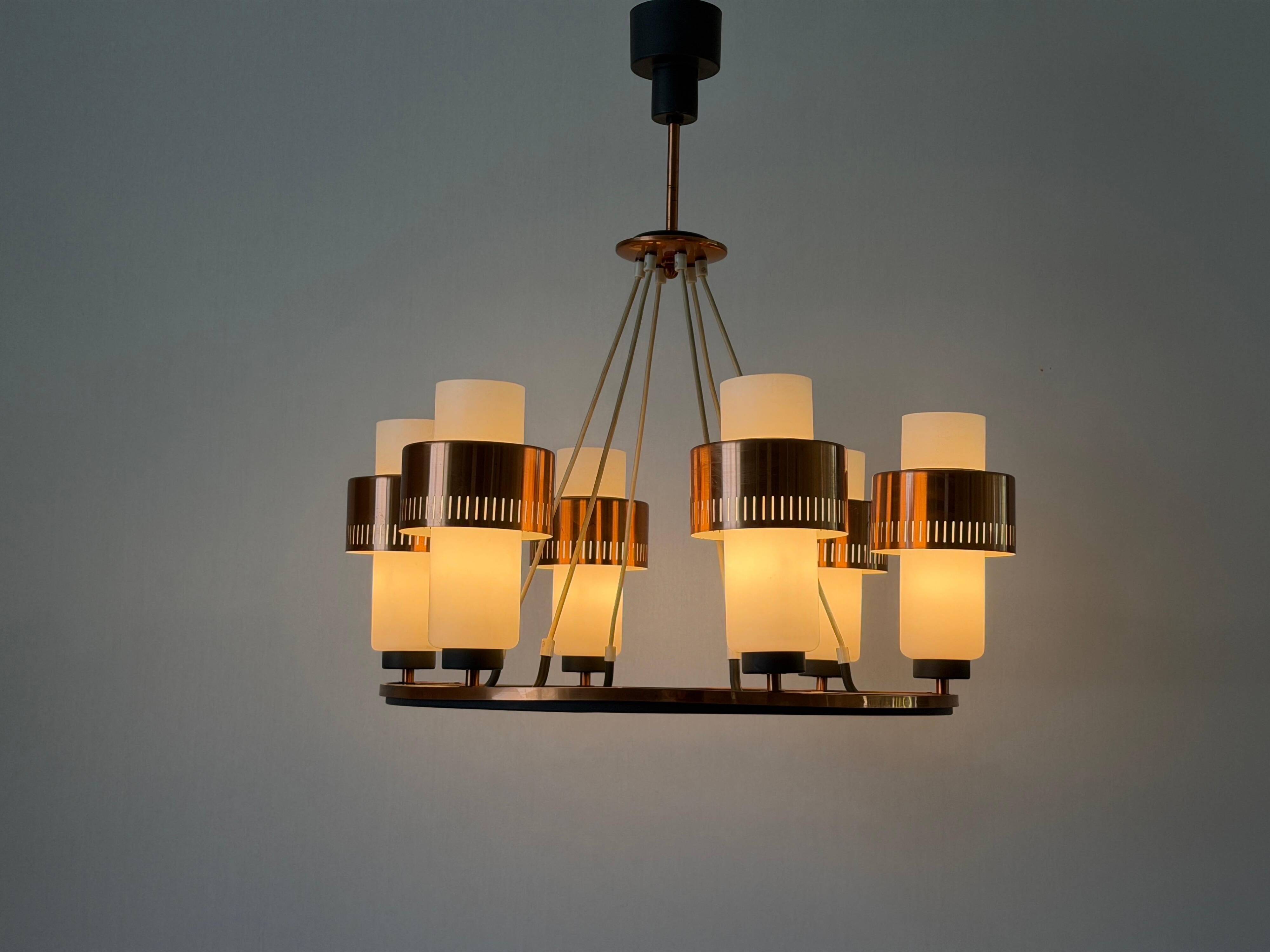 Large ceiling light with 6 arms in copper metal and glass, 1960s, Germany