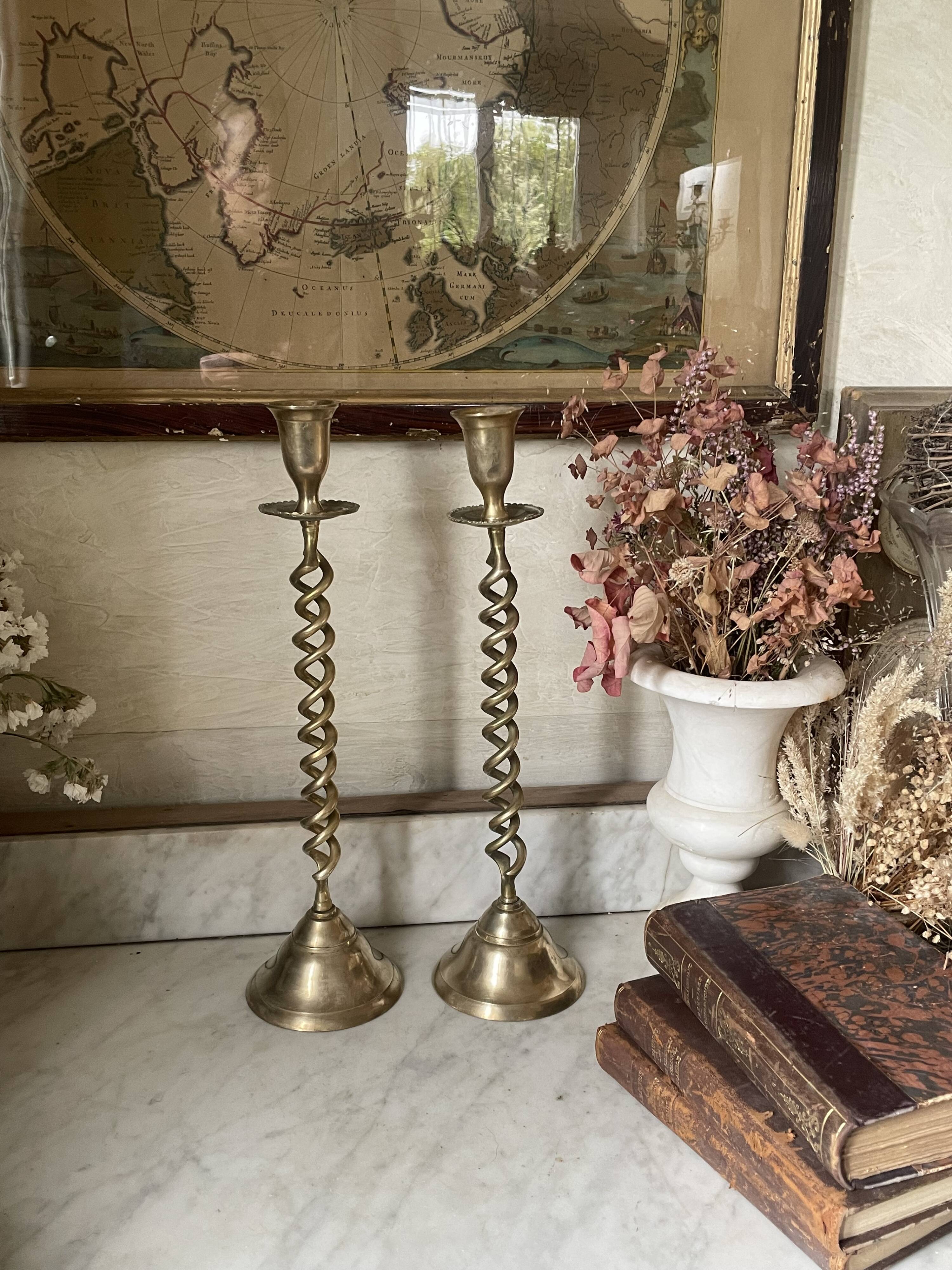Pair of twisted brass candlesticks 37cm