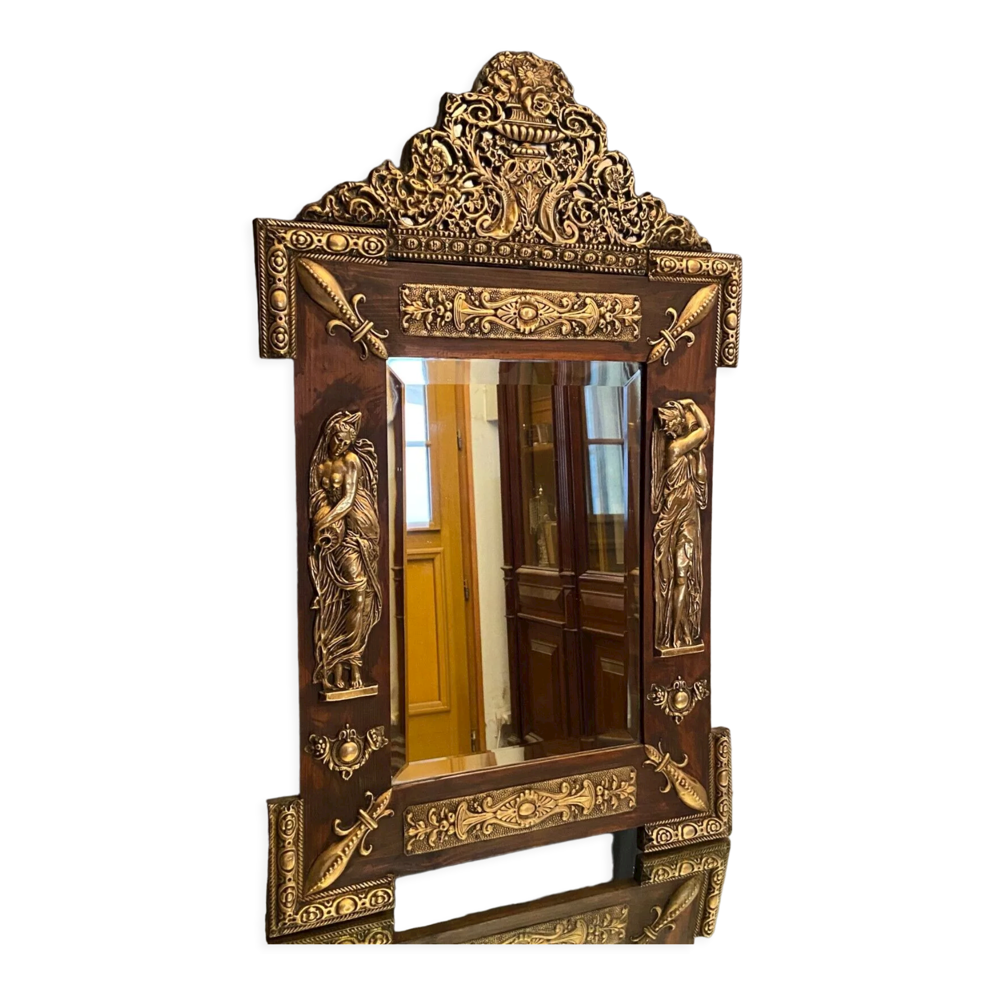 Mirror pediment nineteenth Neo classical decoration antique character brass on wood