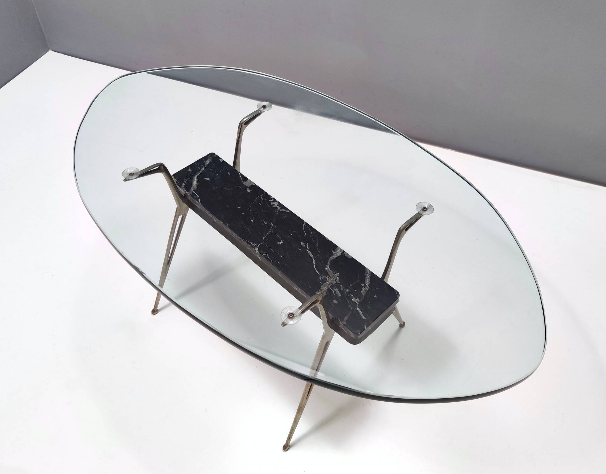 Vintage Oval Glass Coffee Table with Portoro Marble and Iron Base, Italy