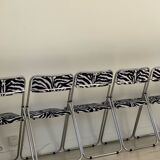 6 folding chairs in metal and zebra-patterned fabric, 1970s