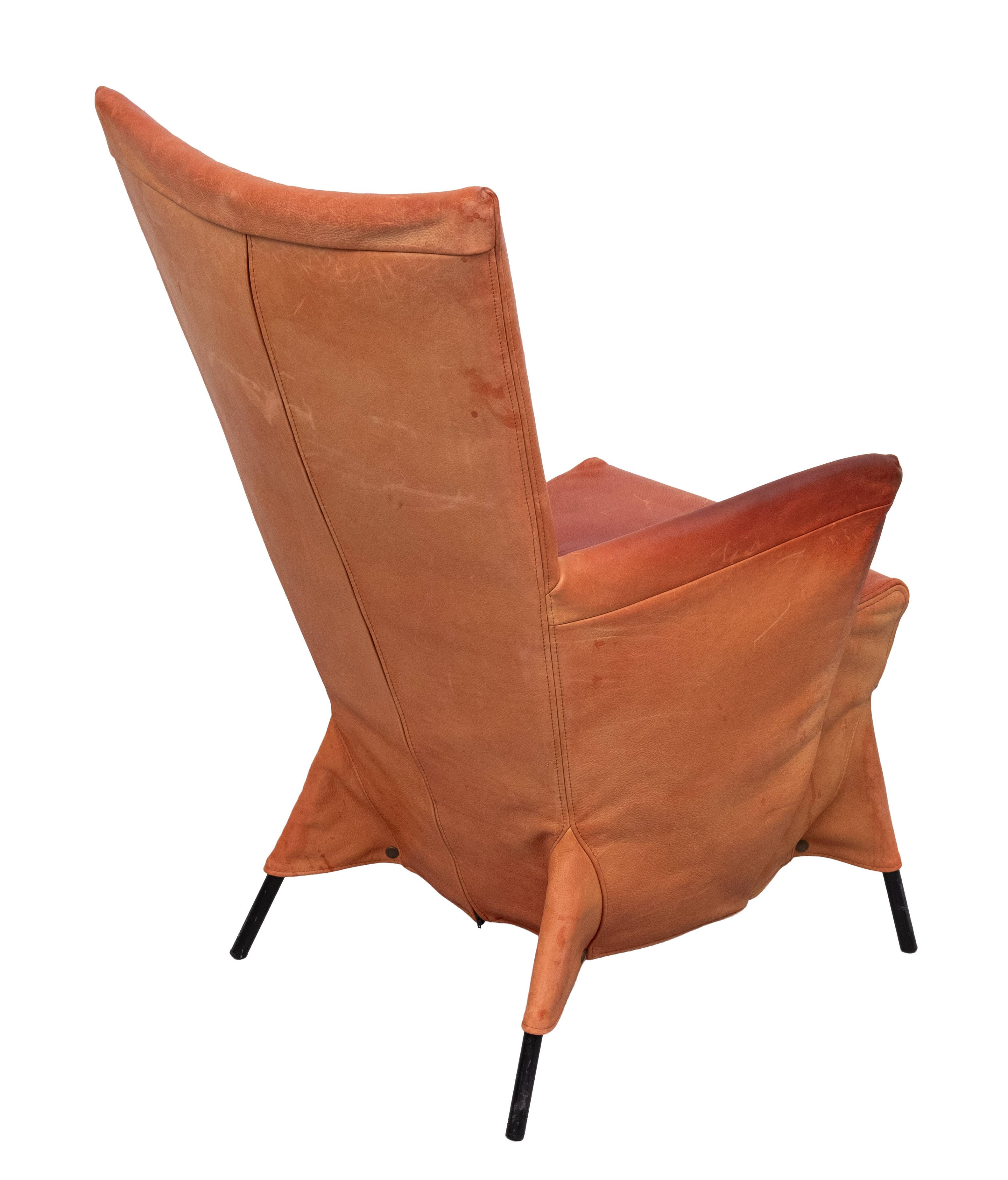Gerard van der Berg Orange Leather Skirt Arm Chair 1980s