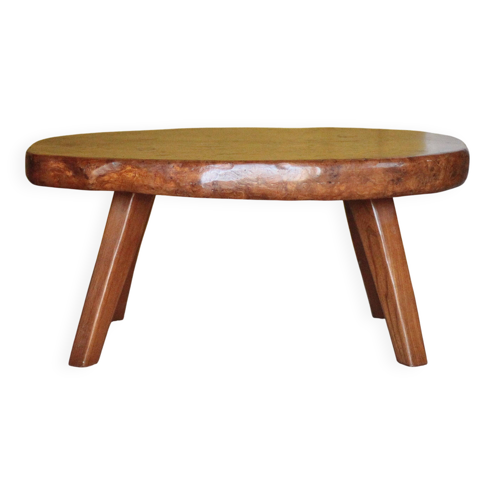 Brutalist coffee table made of elm burl, interior decor, living room table.