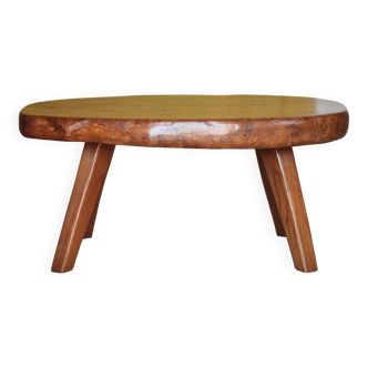 Brutalist coffee table made of elm burl, interior decor, living room table.