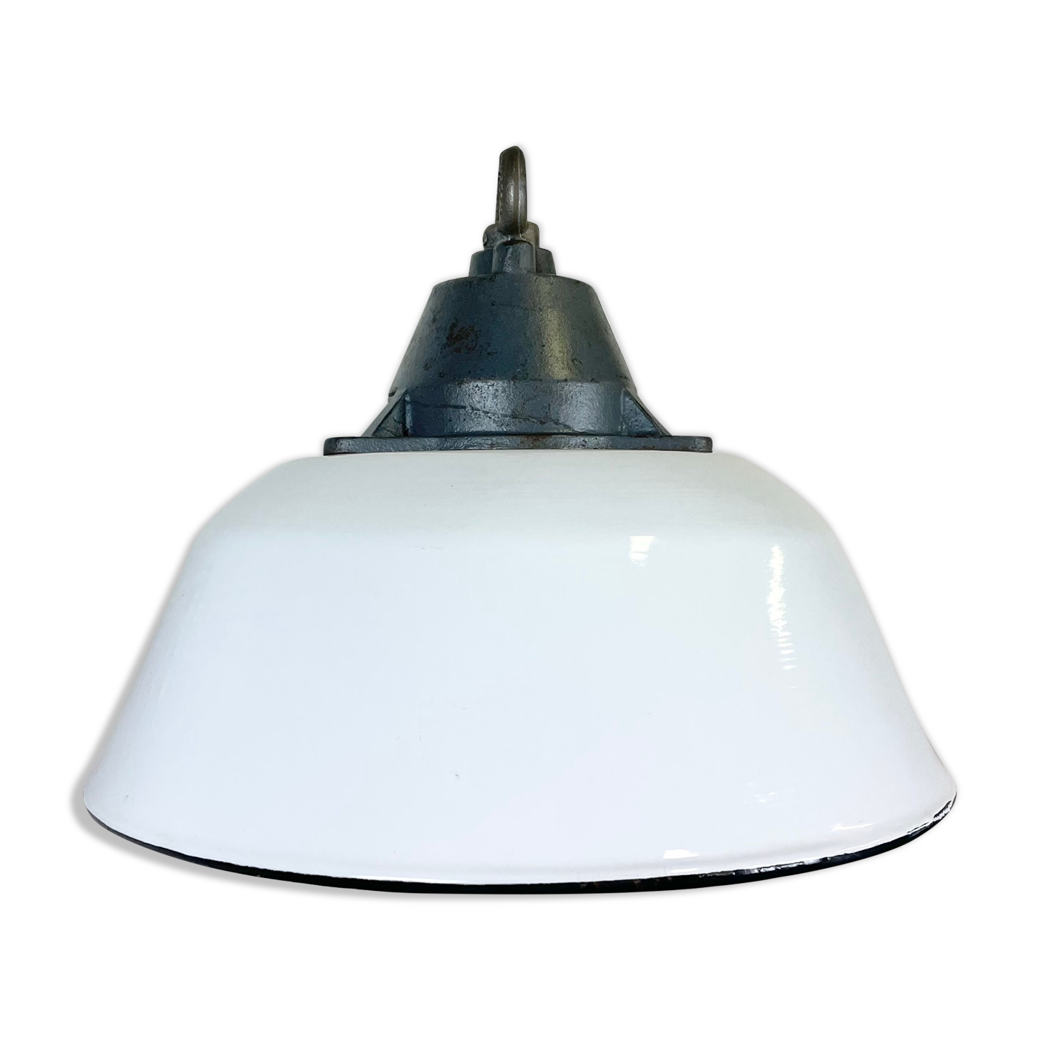 White Enamel and Cast Iron Industrial Pendant Light, 1960s