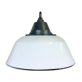 White Enamel and Cast Iron Industrial Pendant Light, 1960s