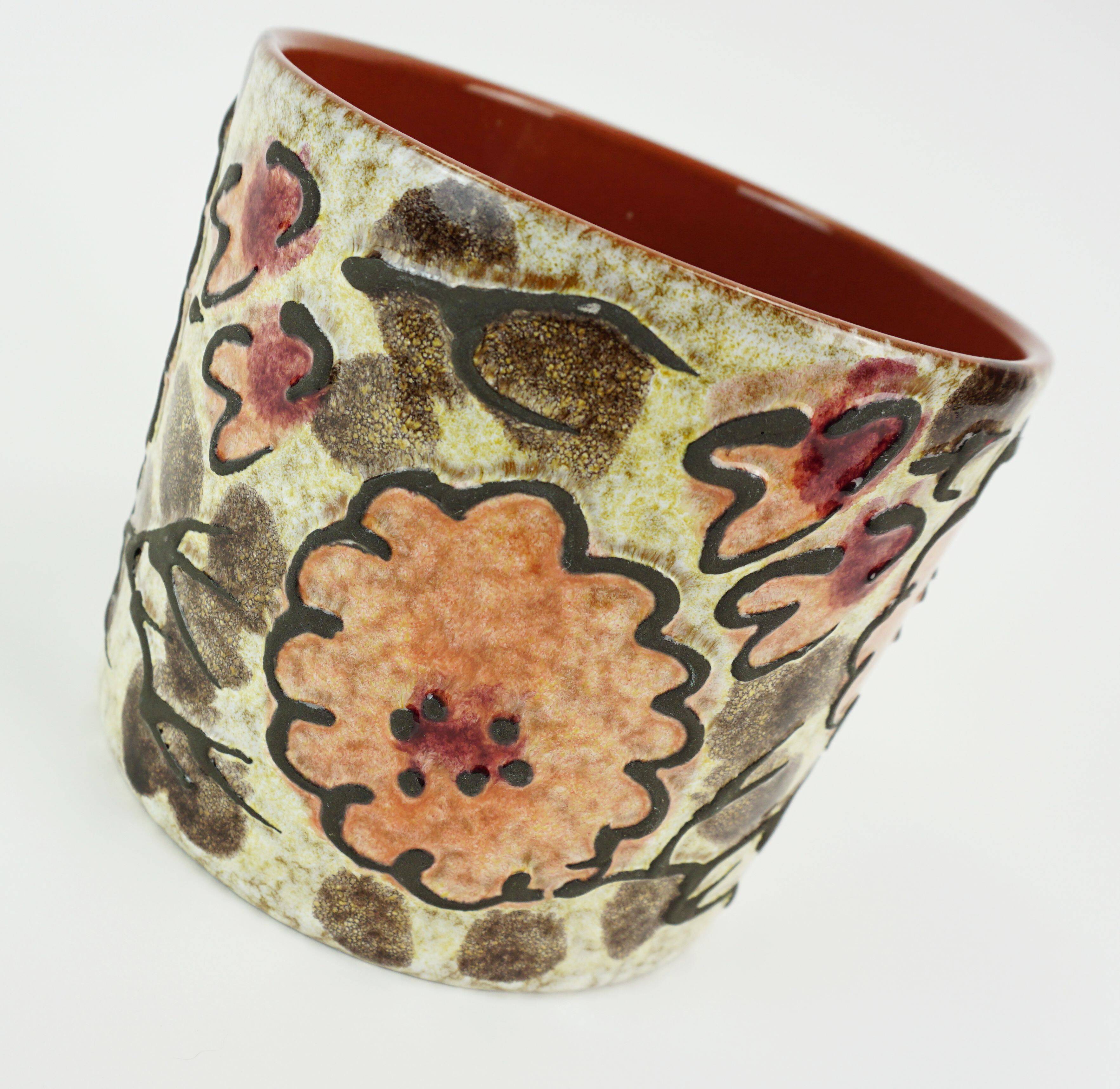 pot de fleurs en céramique vintage des années 1960-70, pot de plante, décor floral en fat lava