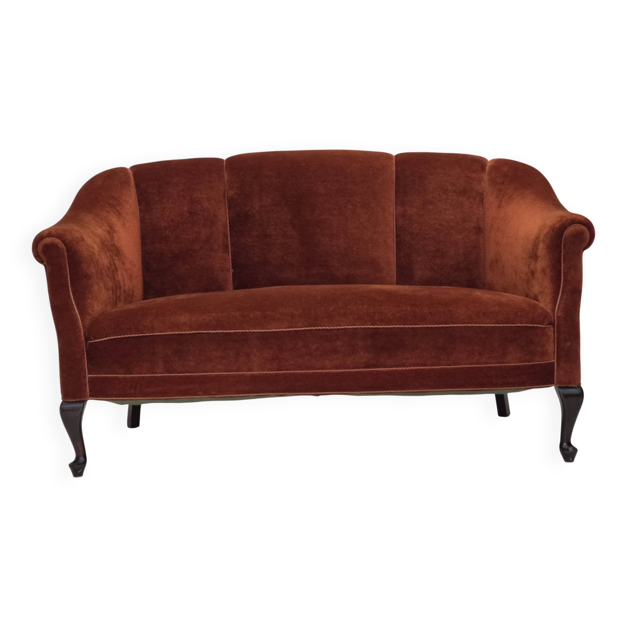 1950s, Danish 2-seater sofa, furniture velour, oak wood legs.