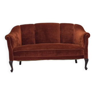 1950s, Danish 2-seater sofa, furniture velour, oak wood legs.