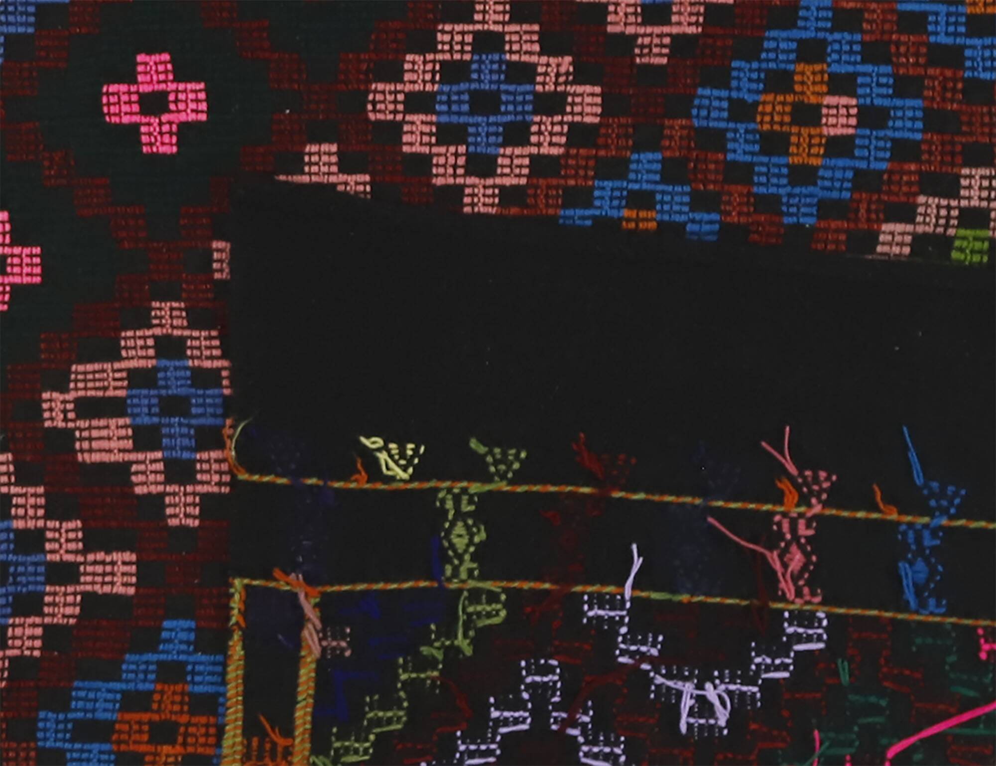Large vintage Turkish kilim, graphic blue and pink, 282 x 203 cm.