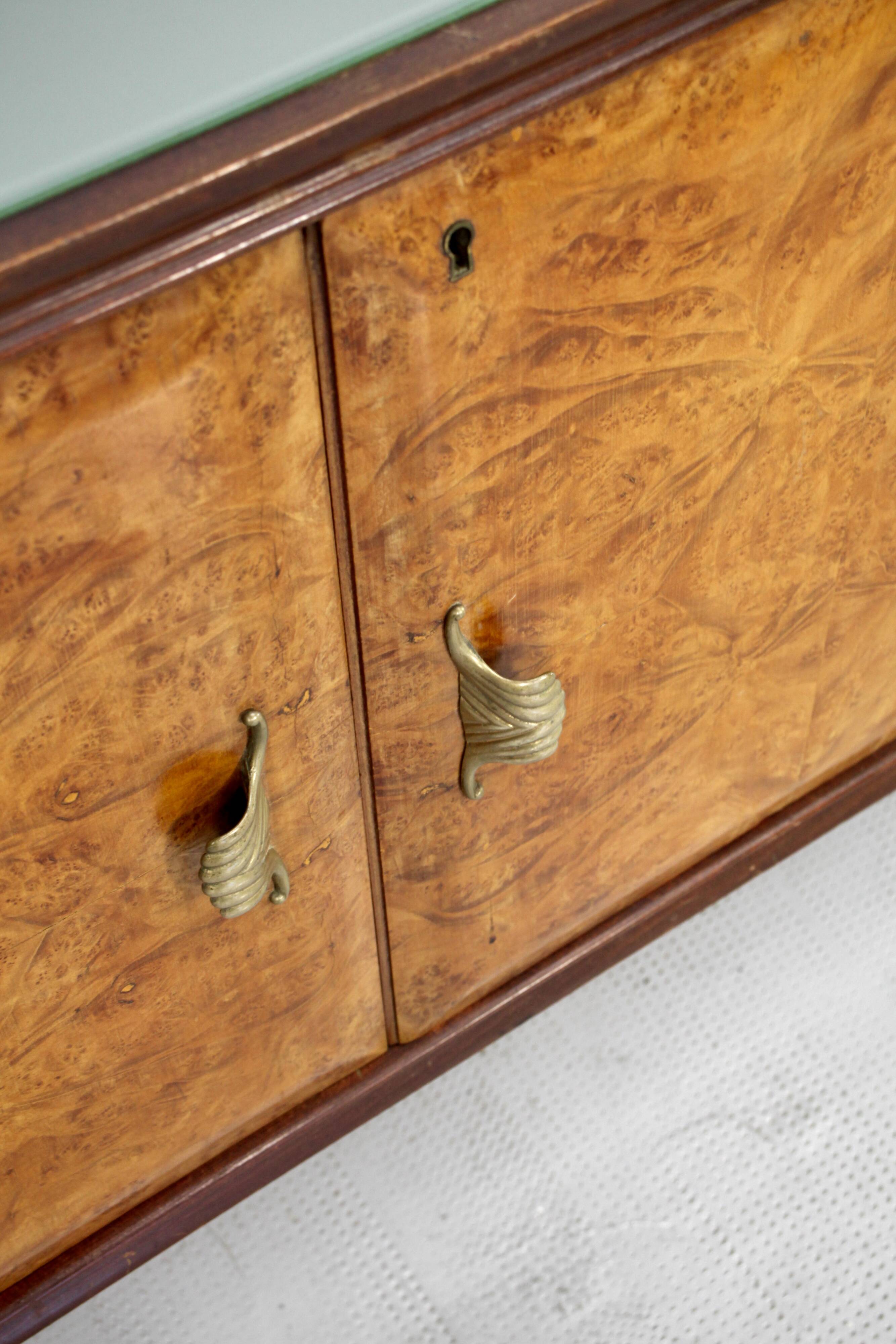 Midcentury Italian Sideboard In Walnut Root And Brass.