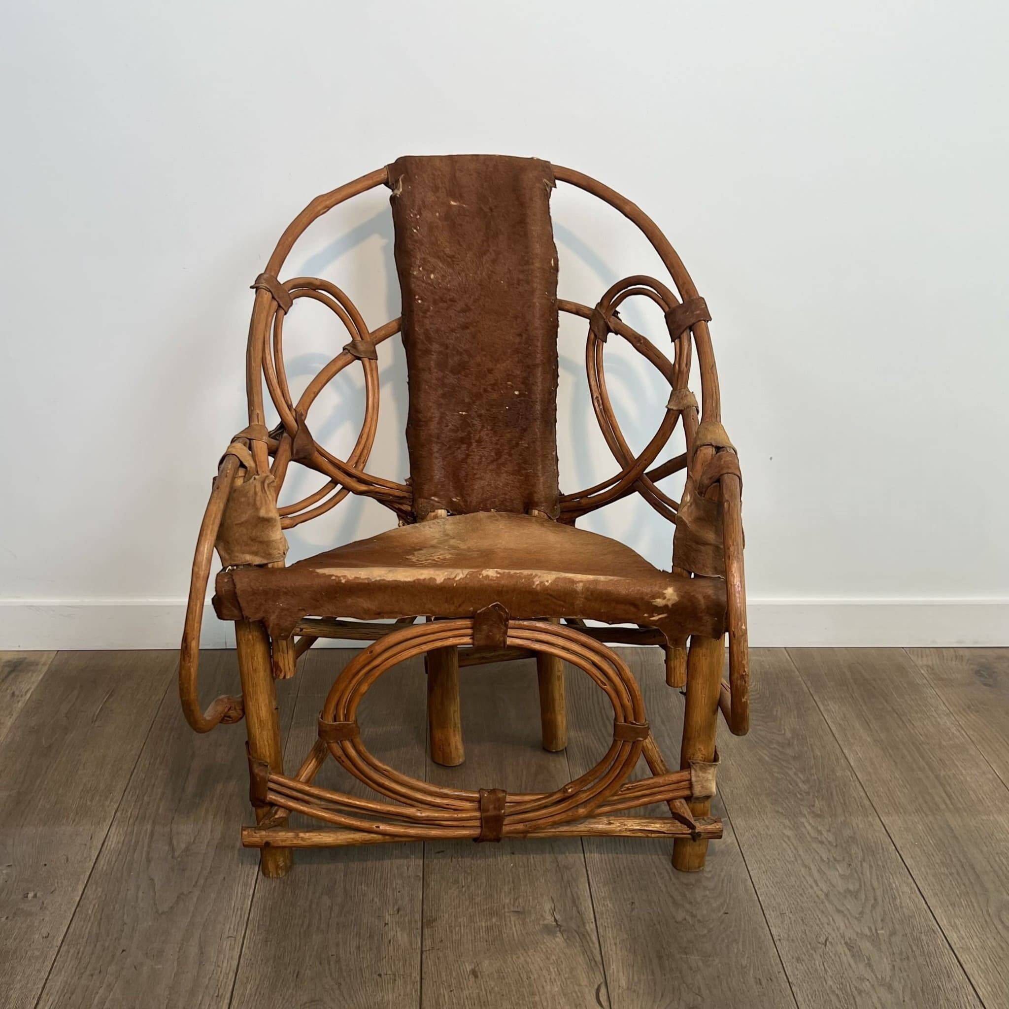 Organic Modernist Armchair in Rattan and Cowhide, Italian Work, A