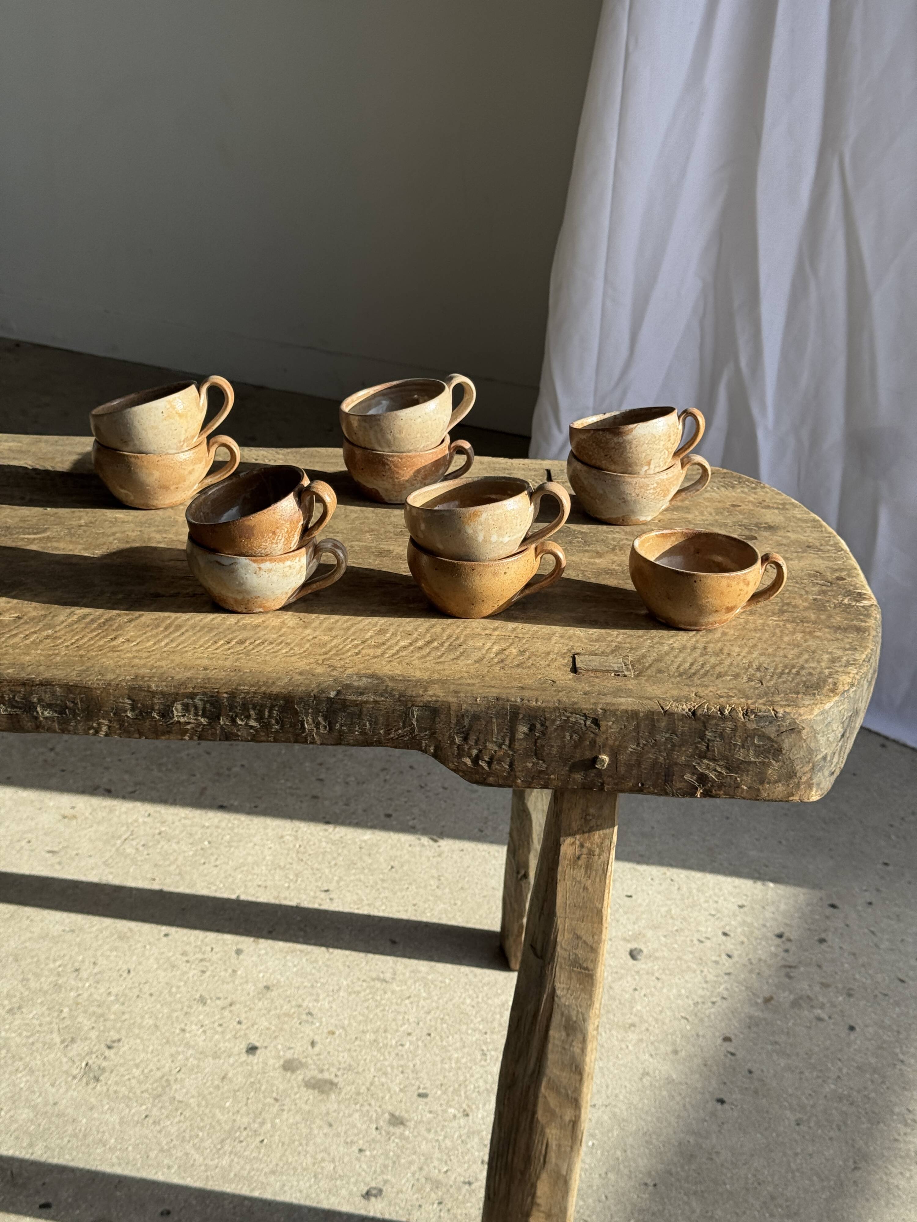 Set of 11 vintage coffee cups, raw matte stoneware H11