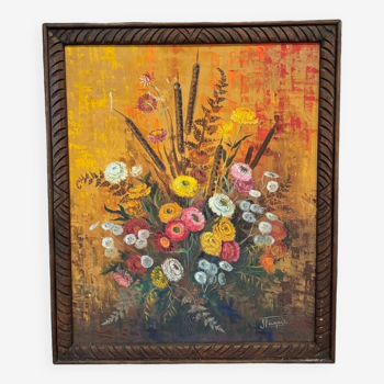 Huile sur toile Picquet Jacquet milieu XXe bouquet fleurs nature morte