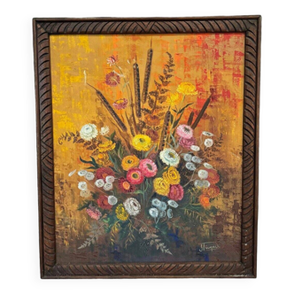 Huile sur toile Picquet Jacquet milieu XXe bouquet fleurs nature morte
