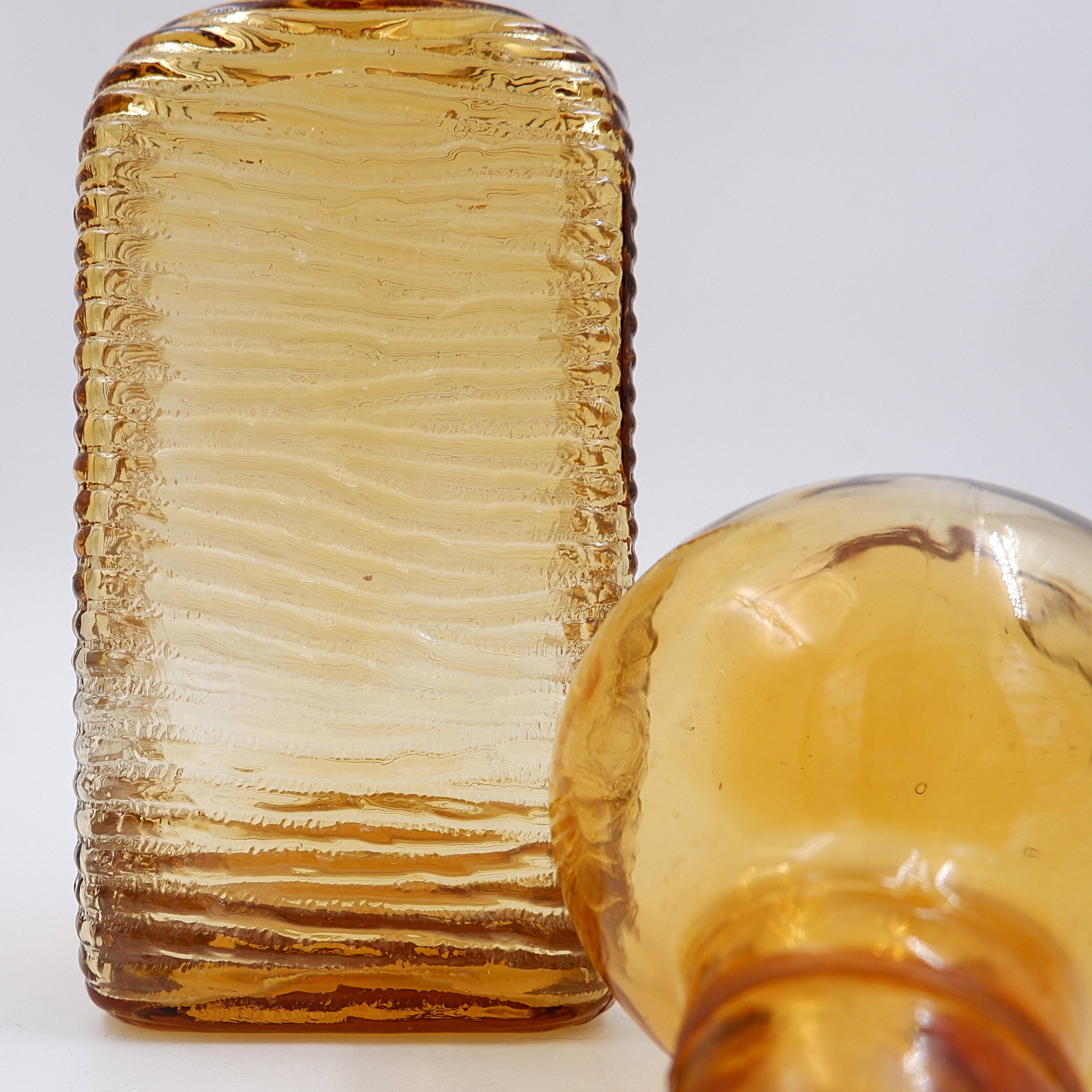 Vintage Italian MCM Empoli Wavy Amber Glass Decanter with Round Ball Stopper