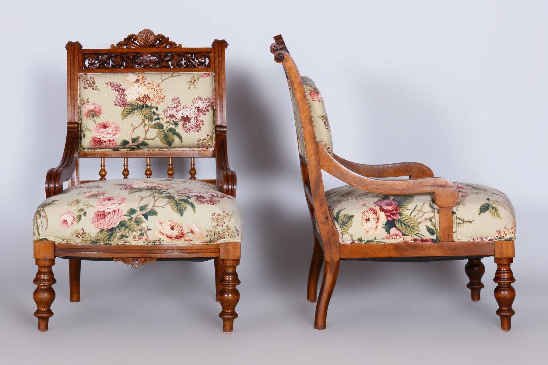 Czech Living Room Set in Beech and Walnut, 1890s, Set of 7