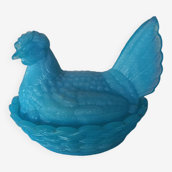 Bonbonnière poule opaline bleue