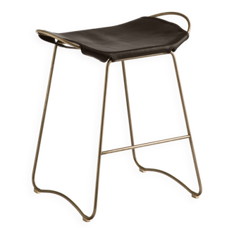 Kitchen Counter Stool Aged Brass Steel & Dark Brown Leather Contemporary St