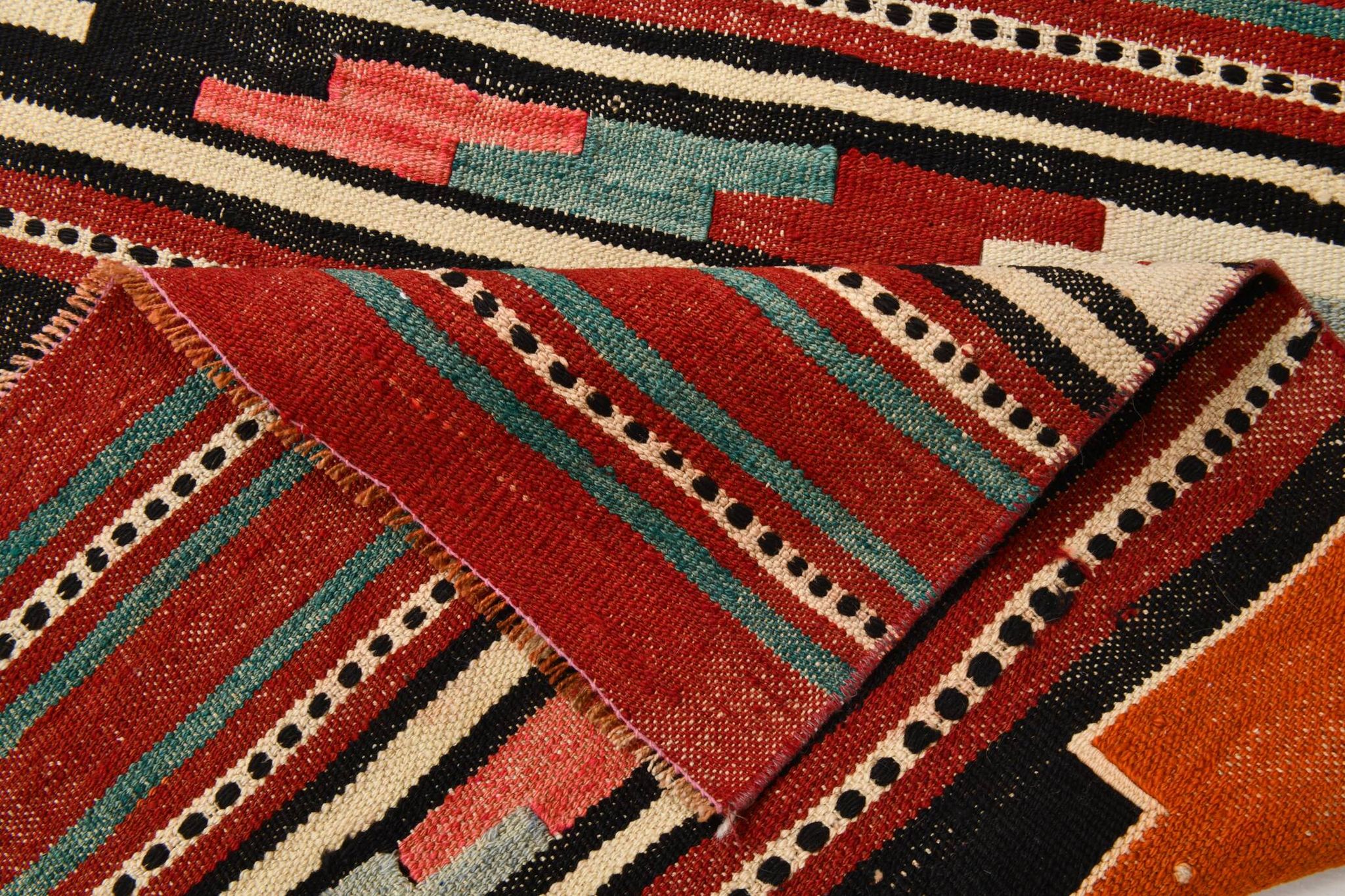 2x13 Green & Red Stair Kilim Runner Rug, 72x387Cm