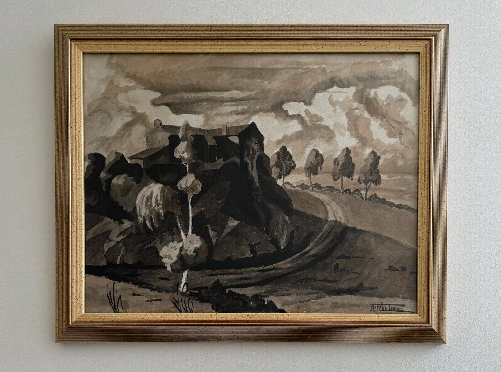 Watercolor on paper André-Charles Nauleau landscape with path 20th century