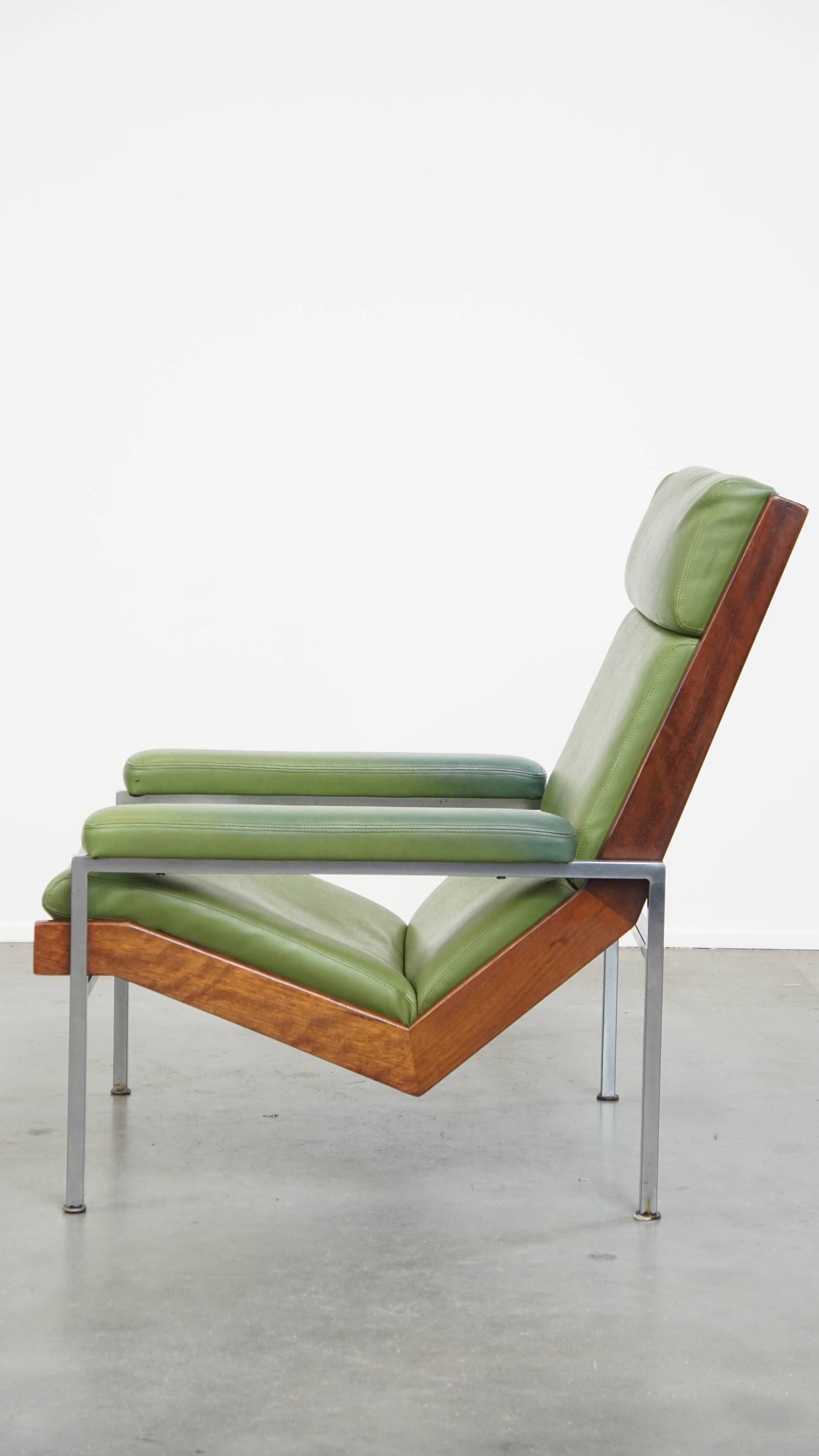 Green Cowhide Leather and Wooden Vintage Armchair