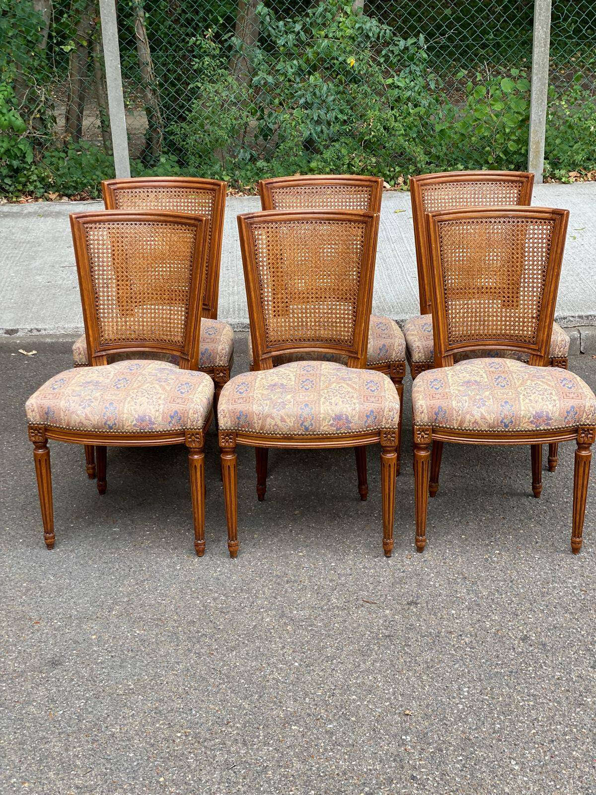 Set of 6 Louis XVI style chairs with caned backs and 70s jacquard fabric.