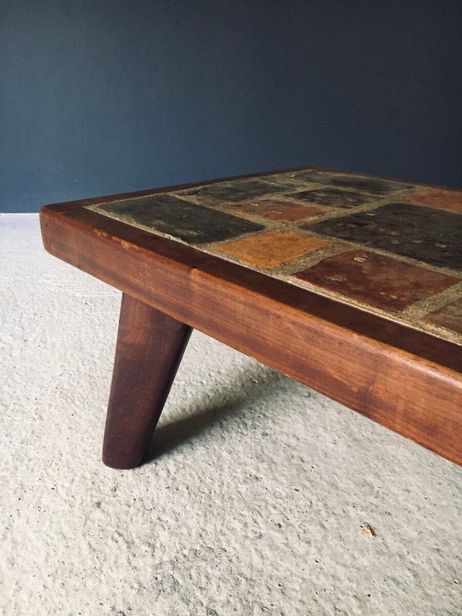 Brutalist Rustic Slate Tile & Oak Coffee Table, Belgium, 1960s