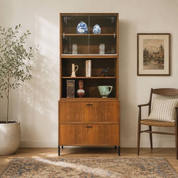 Vitrine vintage en teck des années 60, meuble à boissons (vitrine) en 3 parties.